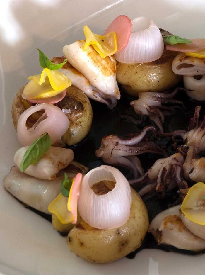 CHIPIRONES A LA PLANCHA CON PATATAS ARRUGADAS Y ALBAHACA FRESCA