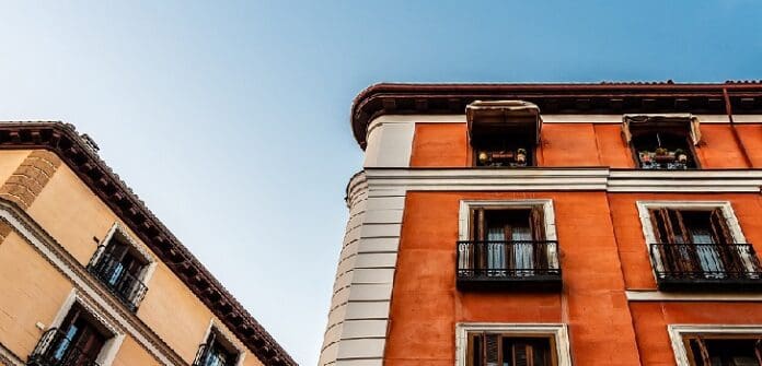 Colorful old buildings in Madrid, Spain